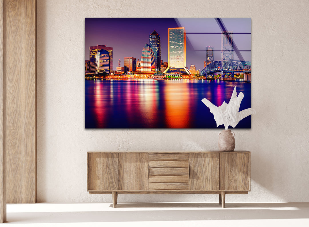 Jacksonville Skyline Glass Wall Art – Stunning View of Florida’s Iconic Downtown at Night