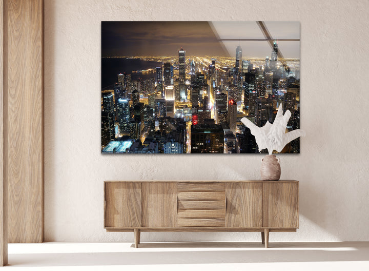 Chicago Cityscape Glass Wall Art – Night Skyline Modern Decor