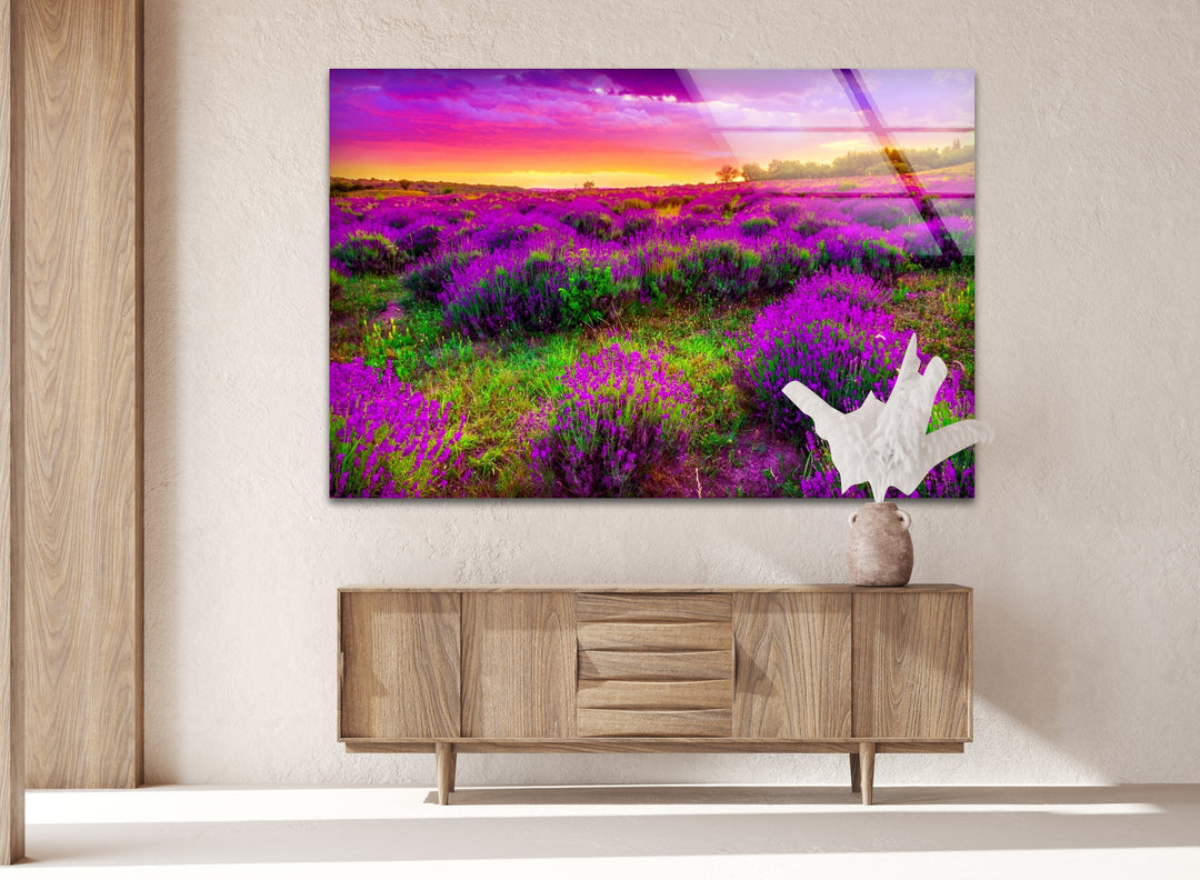 Lavender Field Glass Wall Art – Vibrant Sunset Floral Landscape