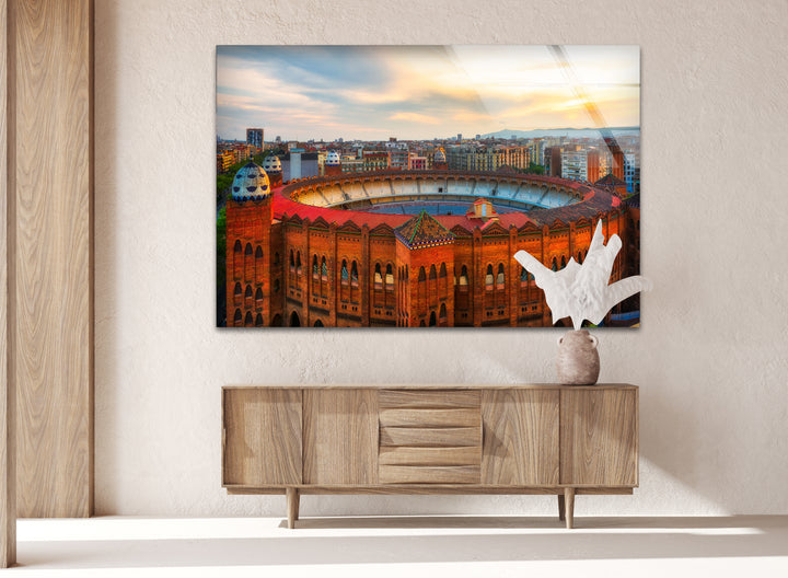 Arena de Barcelona Glass Wall Art – Iconic Spanish Landmark with Historic Architecture