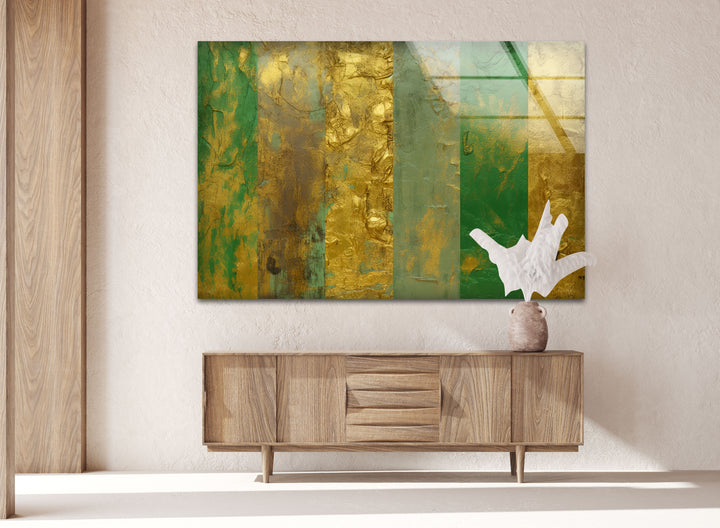 Green and gold wood panels glass wall art