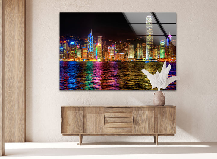 Hong Kong Skyline Glass Wall Art – Vibrant Night Cityscape Decor