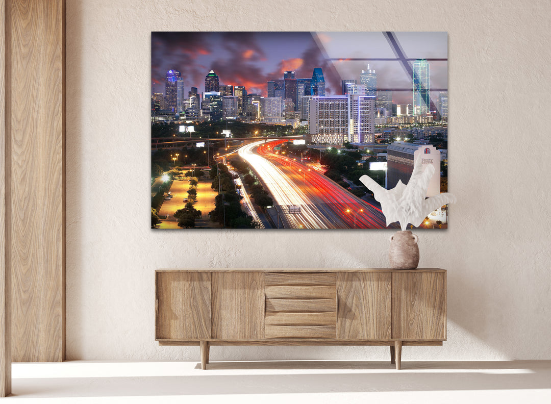 Dallas Skyline Glass Wall Art – Stunning View of Downtown at Dusk