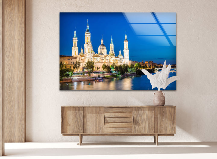 Basilica del Pilar Glass Wall Art – Stunning Night View of Zaragoza’s Iconic Landmark