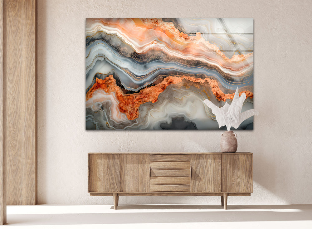 Orange Marble Veins Modern Glass Art for living room