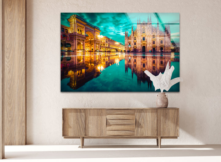 Milan Cityscape Glass Wall Art – Reflected View of Iconic Duomo Cathedral & Galleria Vittorio Emanuele