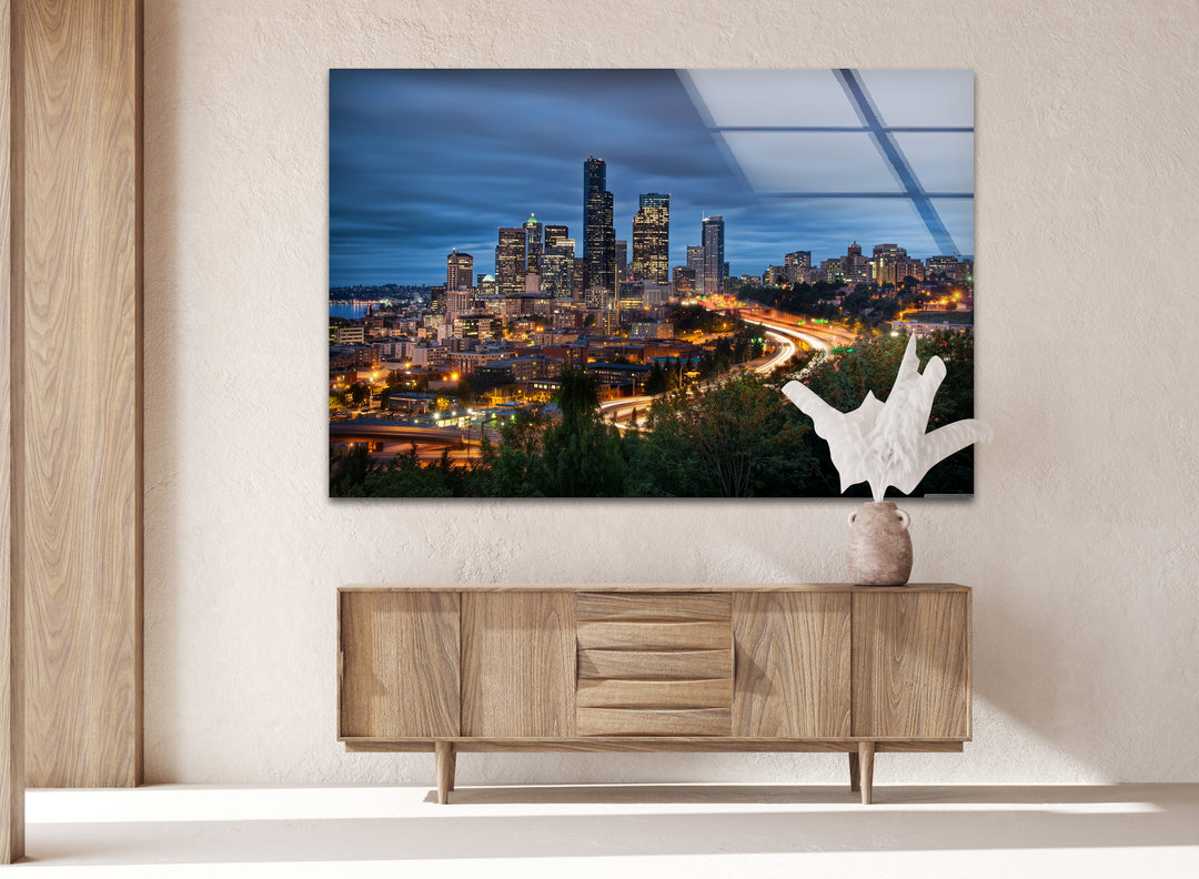 Seattle Skyline Glass Wall Art – Stunning View of Downtown Seattle at Night