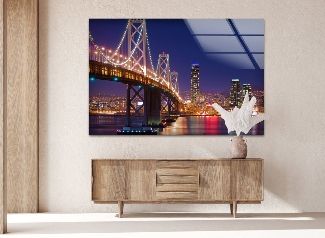 Bay Bridge Glass Wall Art – Iconic San Francisco Cityscape at Night