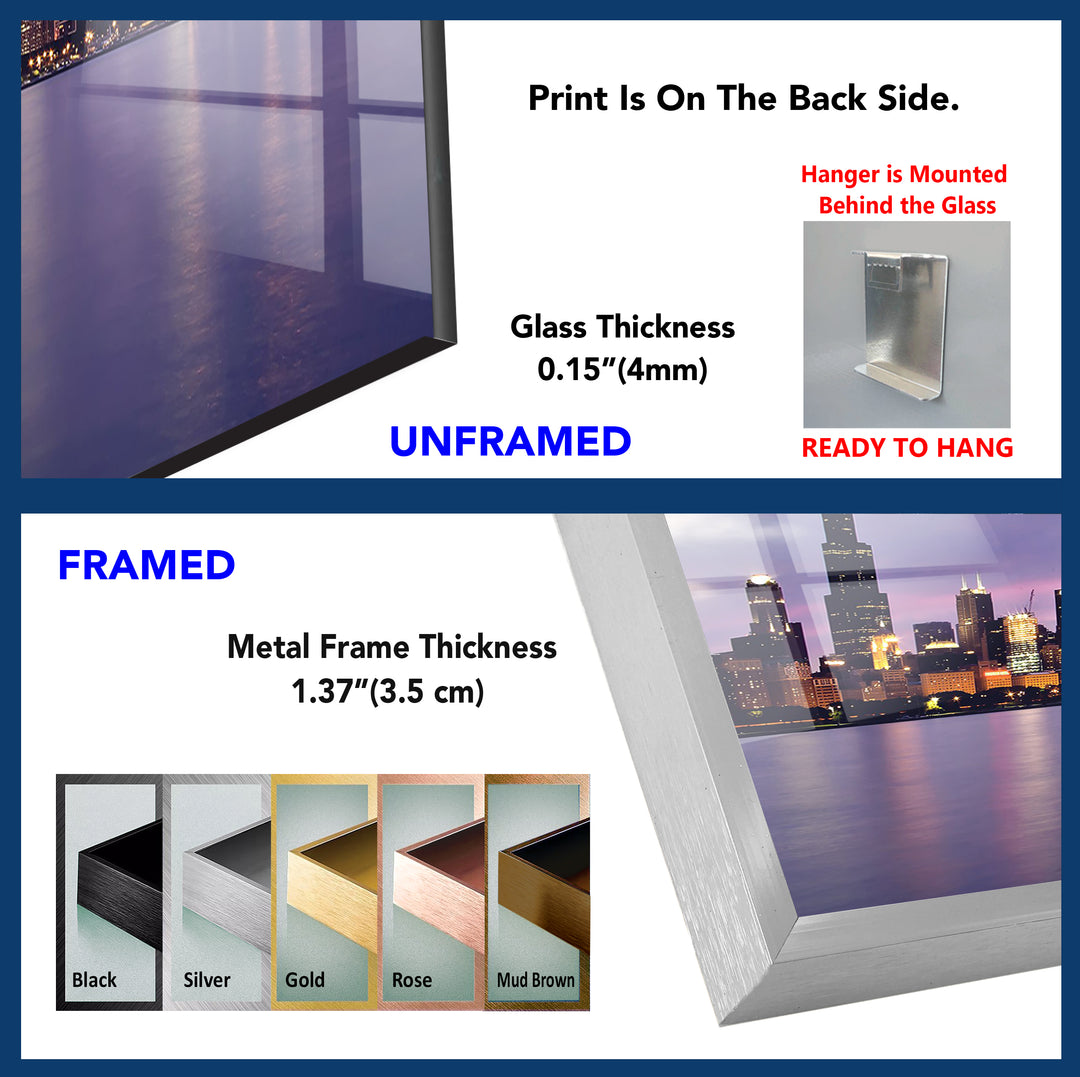 Chicago Skyline Glass Wall Art – Stunning View of Downtown Chicago at Sunset