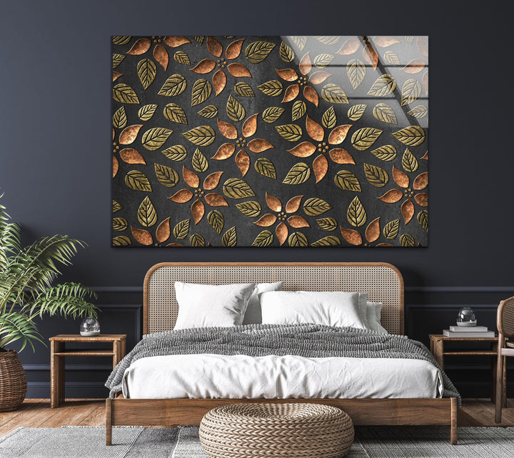 Bronze Flowers Pattern Glass Wall Art, glass pictures for Wall, glass prints wall art