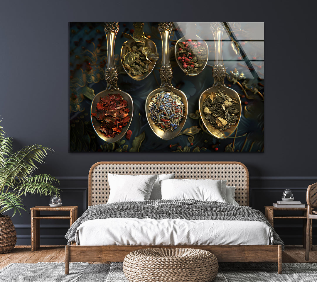 Spices On Rustic Spoon Glass Wall Art, glass image printing, glass prints from photos