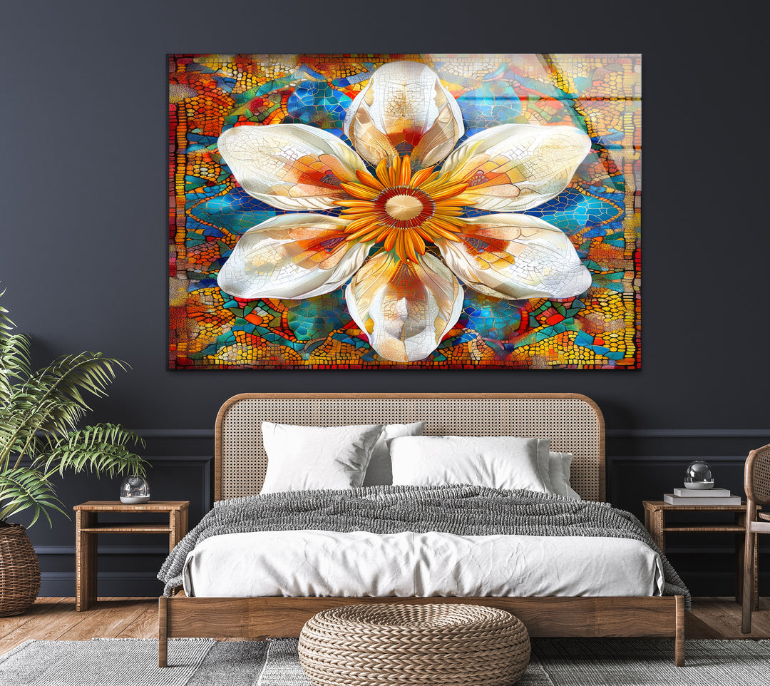 Mosaic Sunflower Glass Wall Art, Glass Printing Wall Art, Print photos on glass