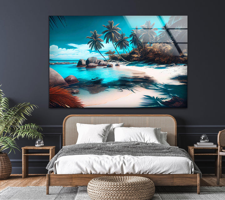 Tropical Beach Palm Trees Glass Wall Art custom glass pictures, glass art prints