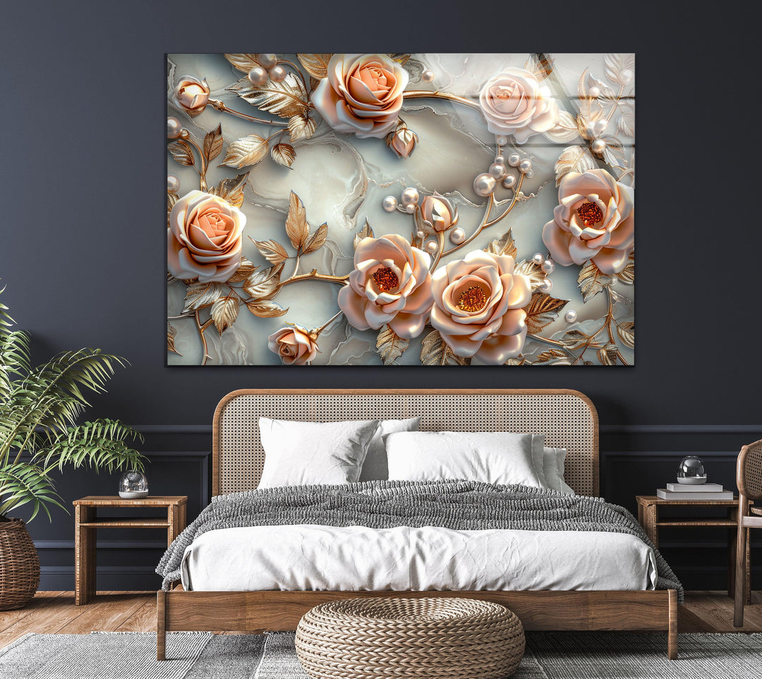 White Pearl Floral Glass Wall Art, glass pictures for Wall, glass prints wall art