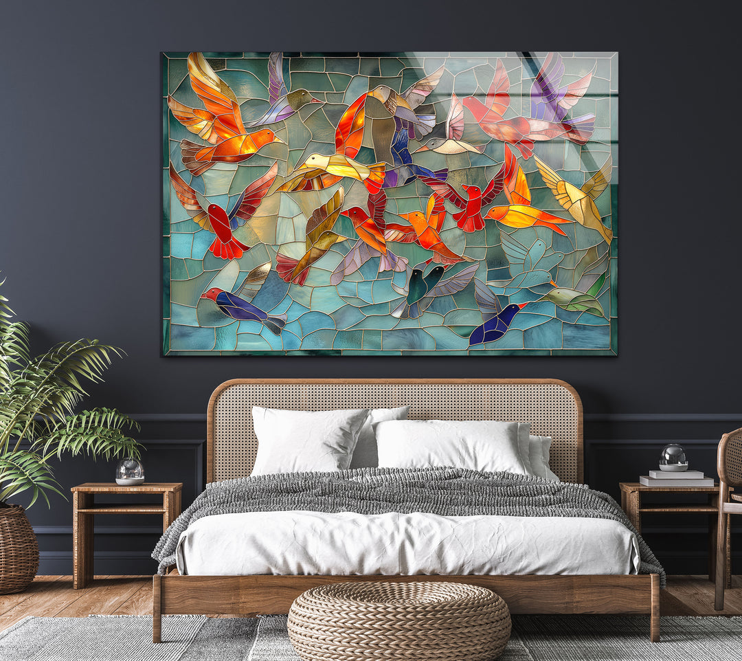 Mosaic Birds Glass Wall Art print picture on glass,Tempered Glass Wall Art