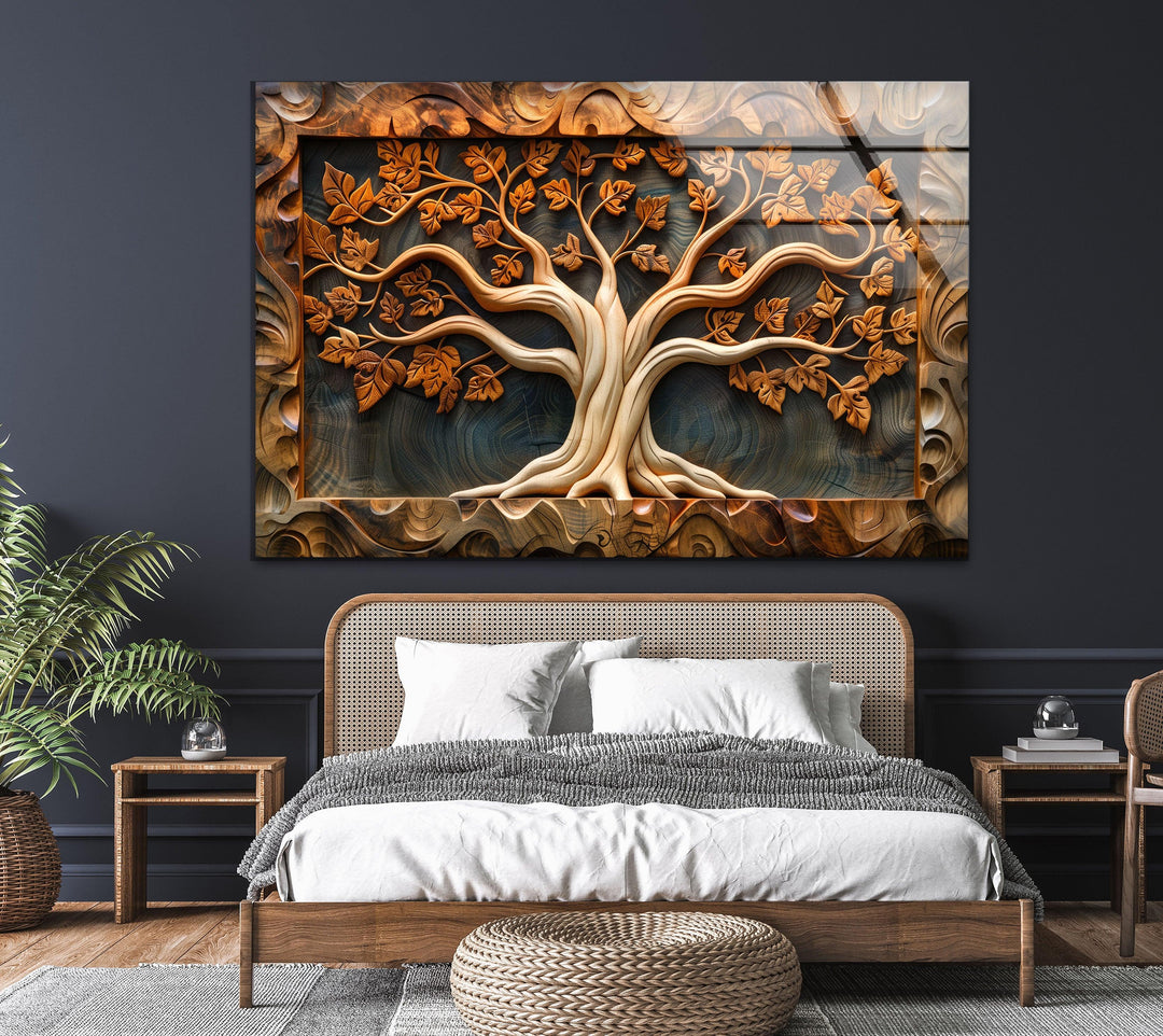 Carved Wood Tree Glass Wall Art print picture on glass, Tempered Glass Wall Art