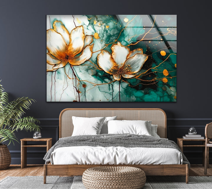 Watercolor Lotus With Golden Stains Glass Wall Art, Glass Printing Wall Art, Print photos on glass
