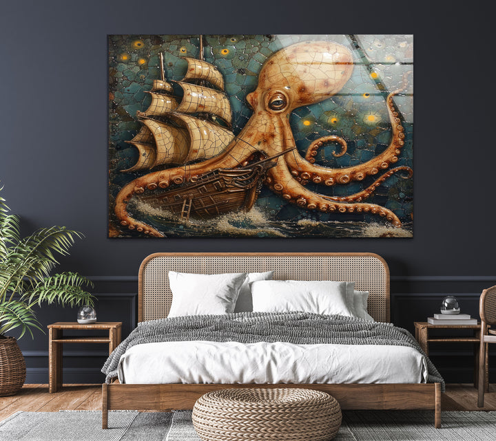 Octopus Captured Ship Glass Wall Art picture on glass wall art, photos printed on glass