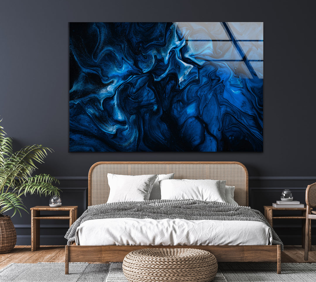 Vivid Dark Blue Abstract Glass Wall Art, picture on glass wall art, photos printed on glass 