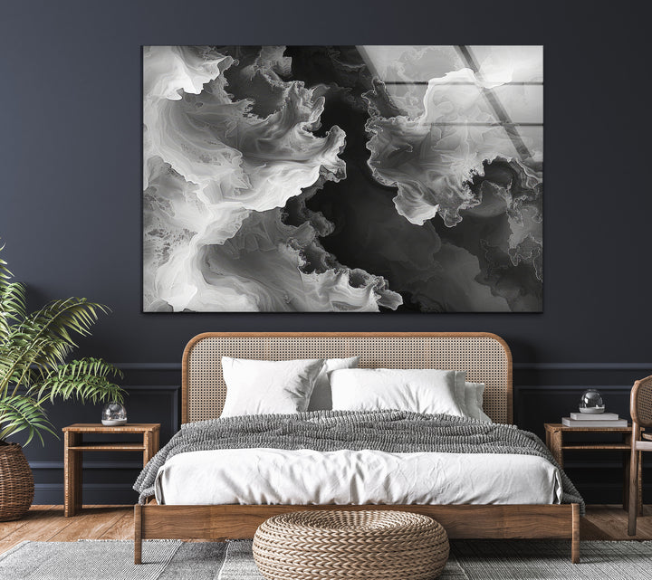 Black & White Abstract Wave Glass Wall Art glass pictures for Wall, glass prints wall art