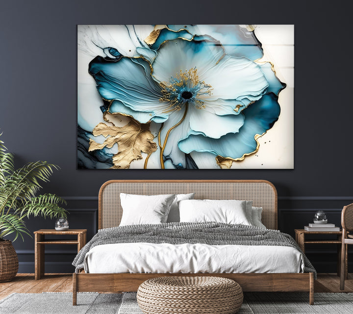 Abstract Blue Flower Glass Wall Art, glass pictures for Wall, glass prints wall art