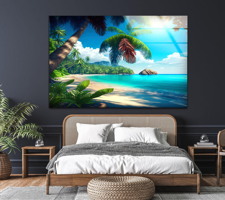 Tropical Island & Palm Trees Glass Wall Art glass art painting, glass art for the Wall