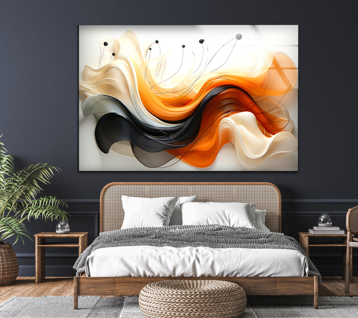 Abstract Orange & Black Wave Glass Wall Art Glass Printing Wall Art, Print photos on glass