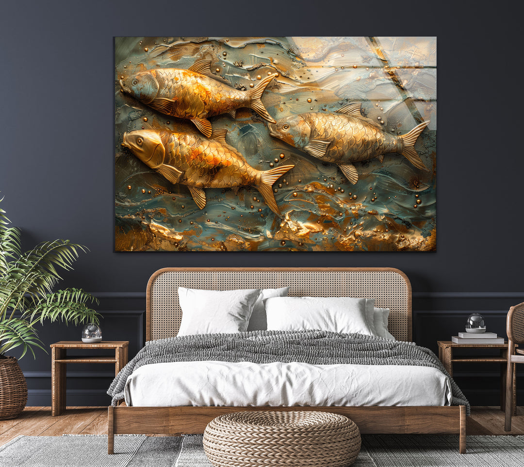 Golden Fishes Glass Wall Art glass pictures for Wall, glass prints wall art