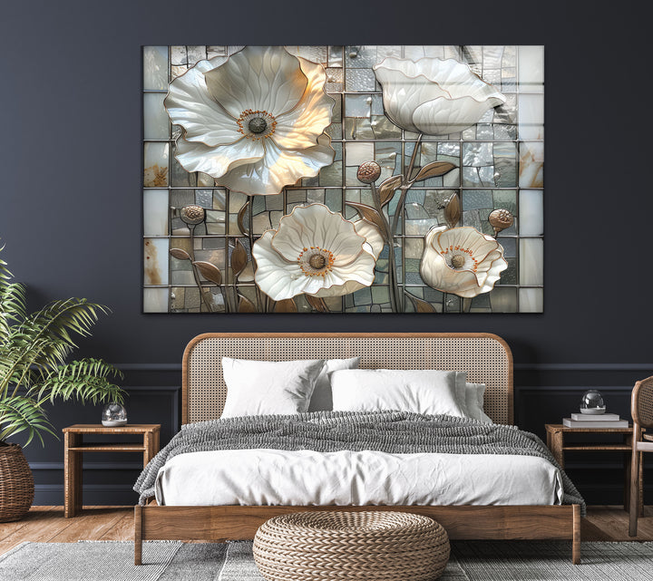 Mosaic White Poppy Glass Wall Art, glass pictures for Wall, glass prints wall art