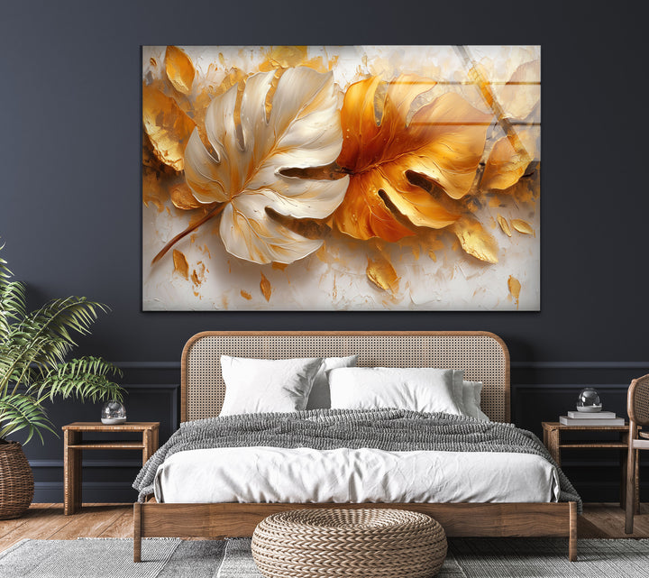 Golden Leaves Glass Wall Art, glass pictures for Wall, glass prints wall art