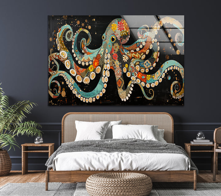 Ethnic Patterned Octopus Glass Wall Art art glass wall art, glass wall art pictures