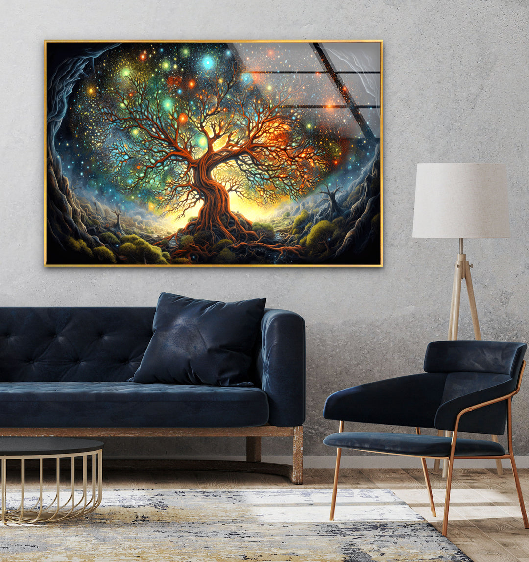 Tree With Stars Painting Glass Wall Art, glass photo prints, glass picture prints