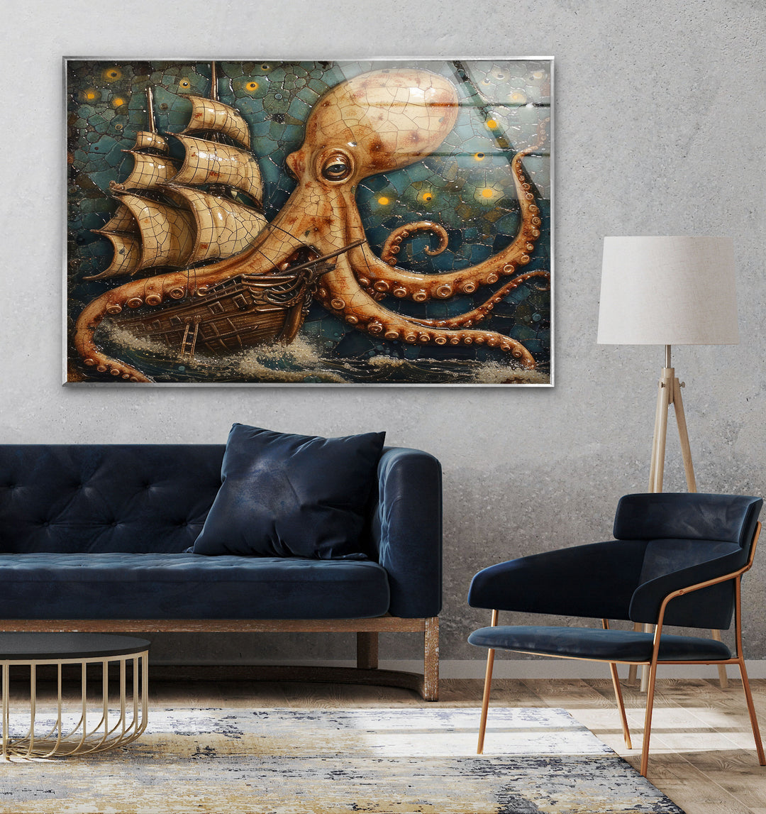 Octopus Captured Ship Glass Wall Art Glass Printing Wall Art, Print photos on glass