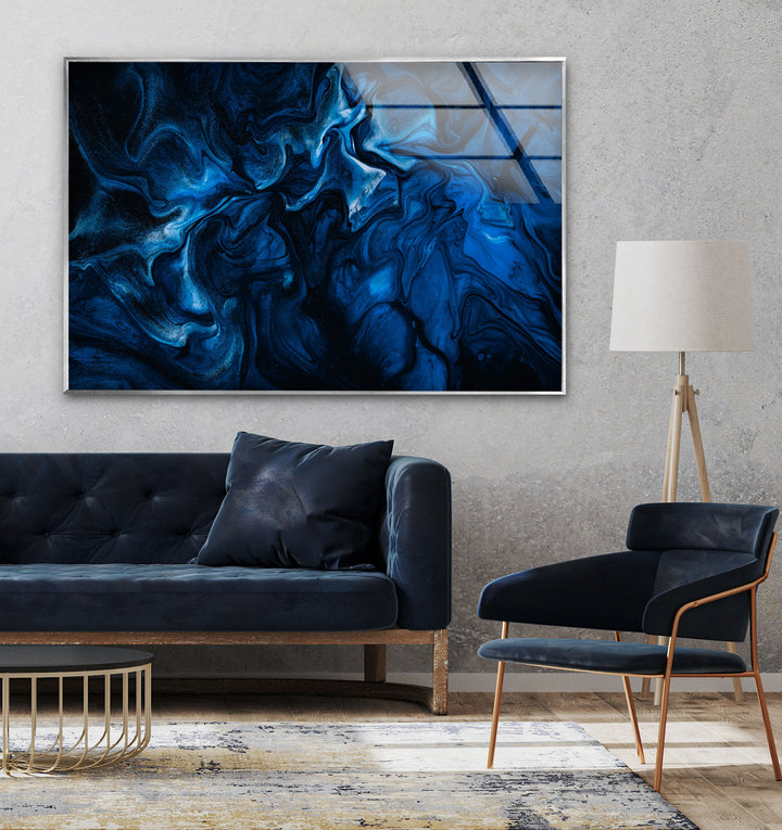 Vivid Dark Blue Abstract Glass Wall Art, photo print on glass, prints on glass wall art glass photo prints, glass picture prints 