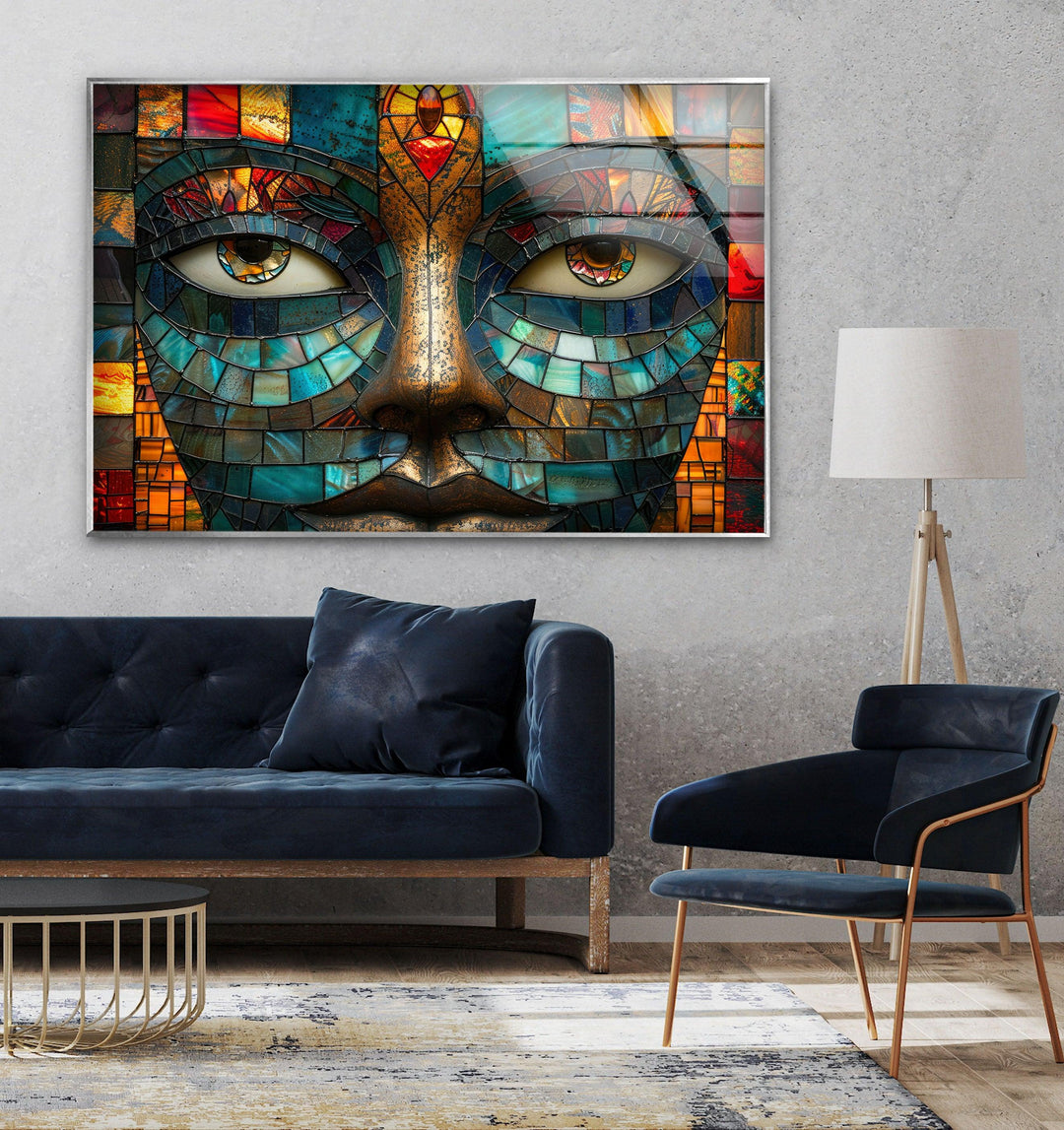 Mosaic Face with Colorful Eyes Glass Photo Prints & Cool Art Pieces