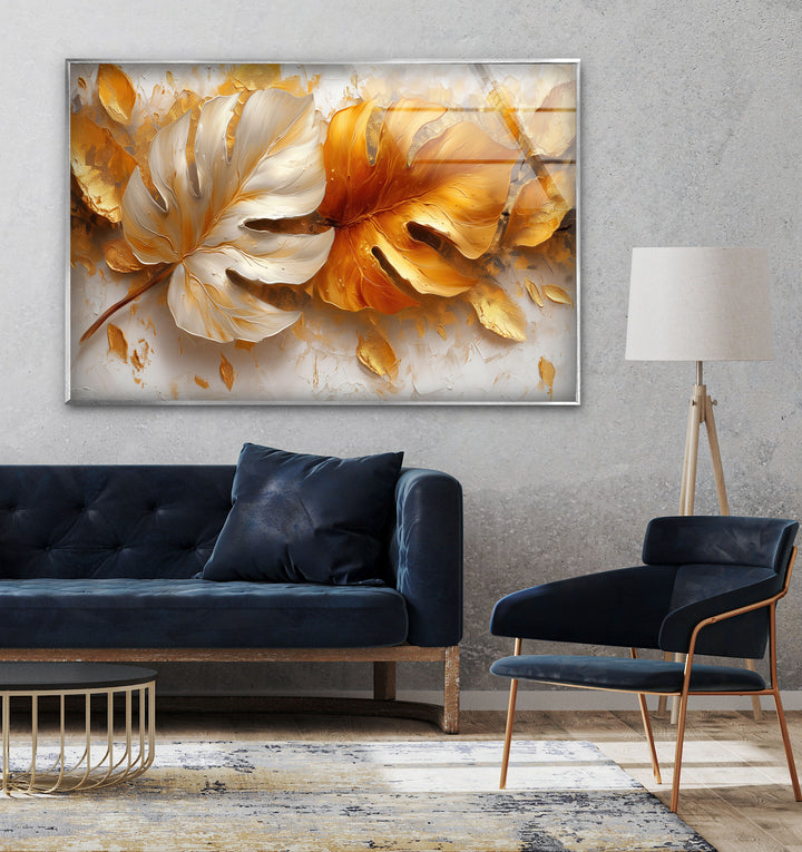 Golden Leaves Glass Wall Art, glass image printing, glass prints from photos