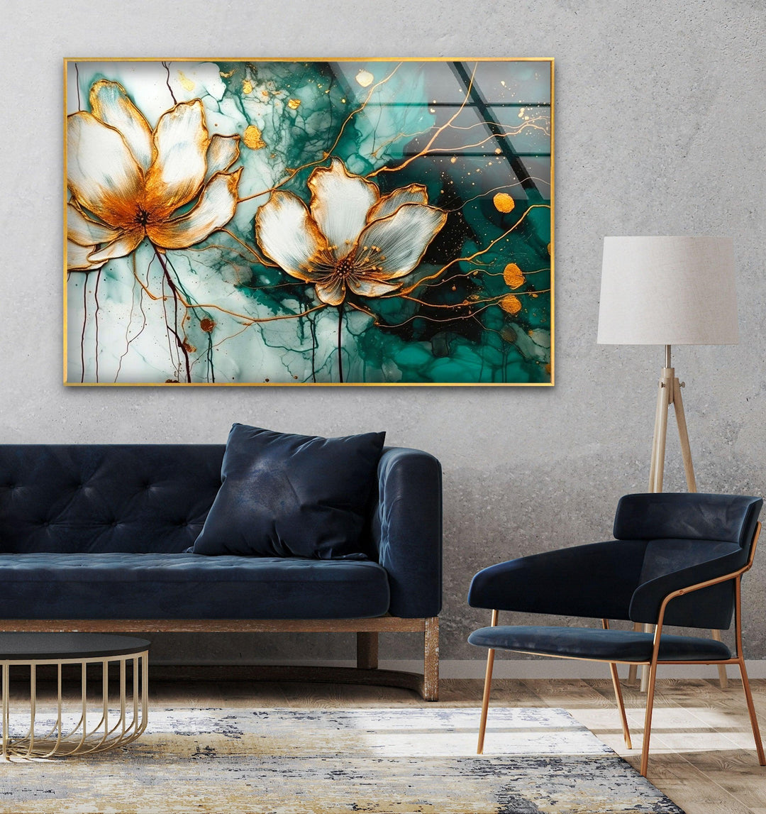 Watercolor Lotus With Golden Stains Glass Wall Art, custom glass pictures, glass art prints
