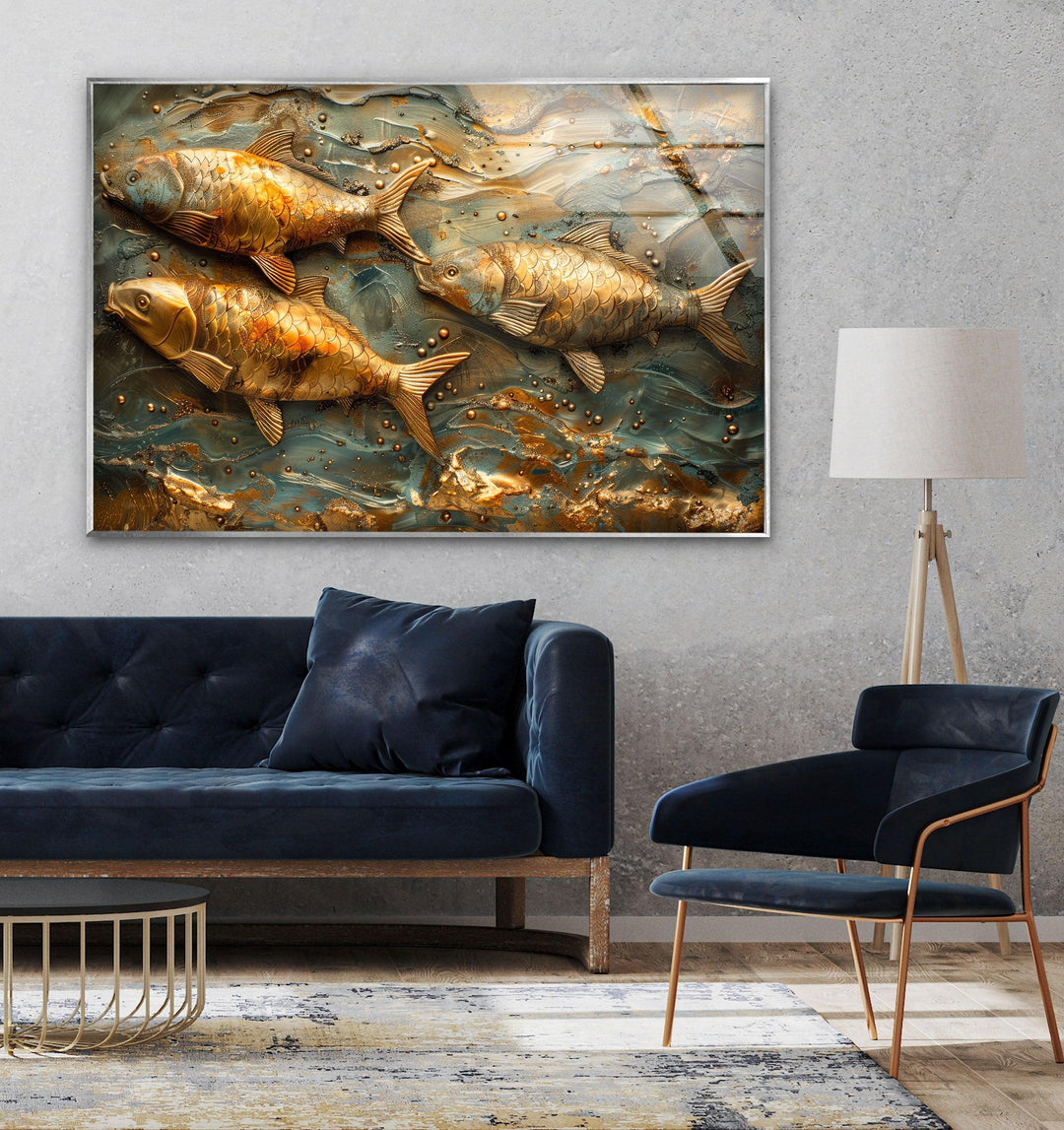 Golden Fishes Glass Wall Art glass image printing, glass prints from photos