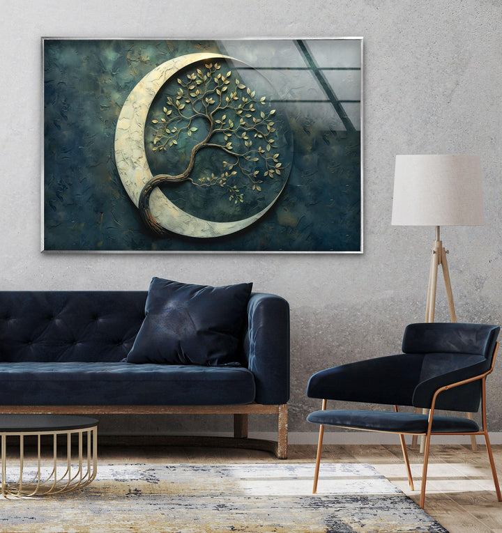 Moon Tree Marble Glass Wall Art print picture on glass, Tempered Glass Wall Art