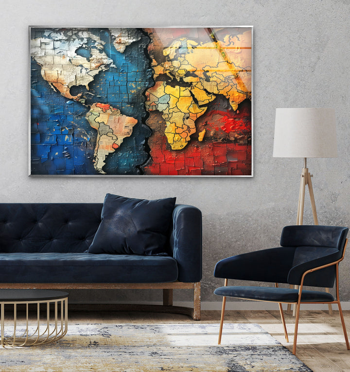 Blue World Map Cool Wall Decor & Glass Print Art