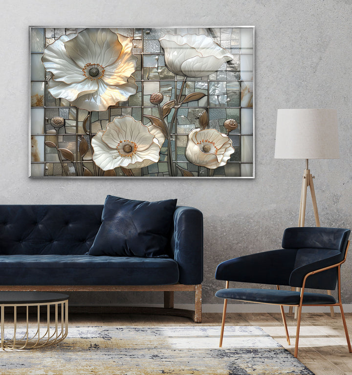 Mosaic White Poppy Glass Wall Art, glass image printing, glass prints from photos