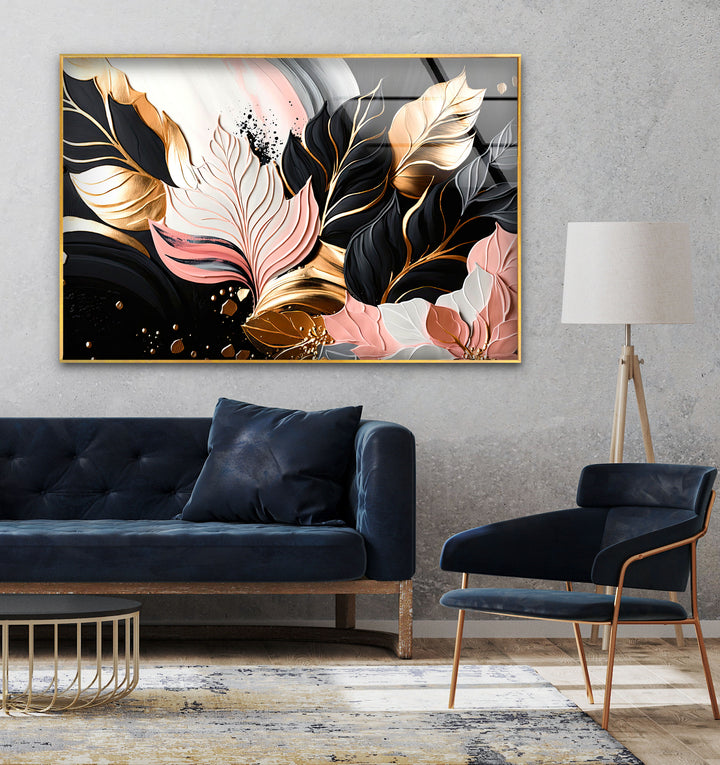 Abstract Pink-Gold Leaf Glass Wall Art, glass pictures for Wall, glass prints wall art