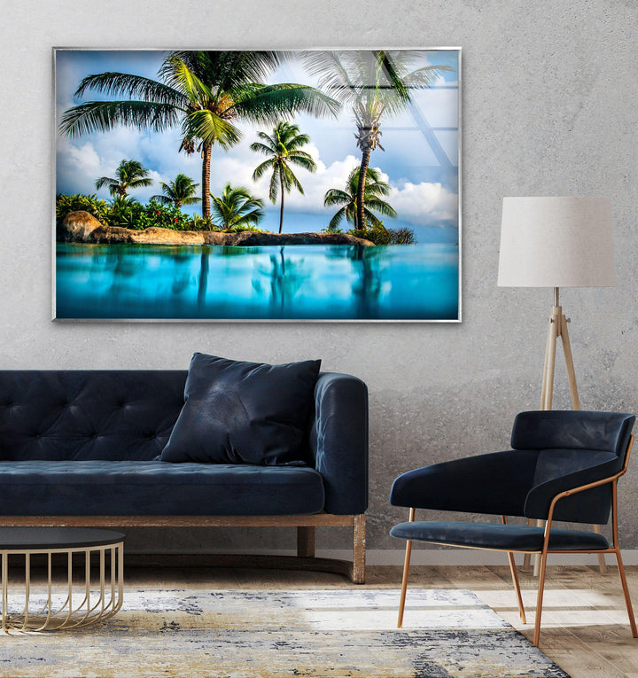 Island & Blue Sea Glass Wall Art print picture on glass, Tempered Glass Wall Art