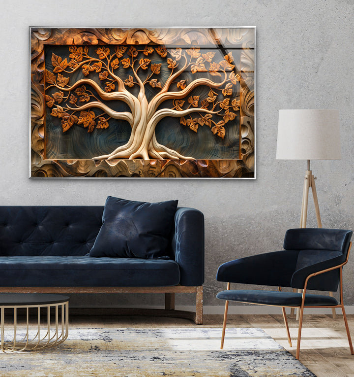 Carved Wood Tree Glass Wall Art print on glass, glass printed photos