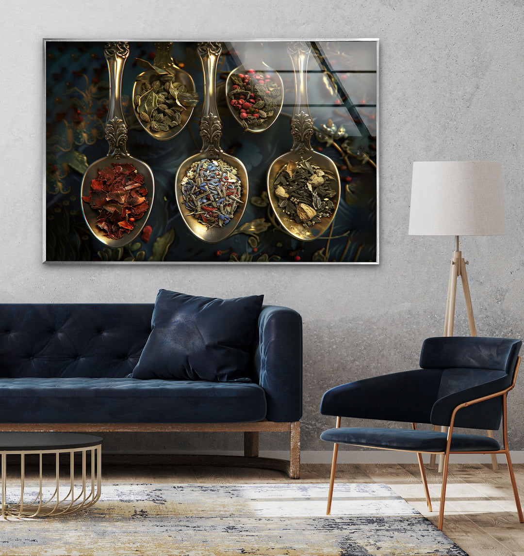 Spices On Rustic Spoon Glass Wall Art, Glass Printing Wall Art, Print photos on glass