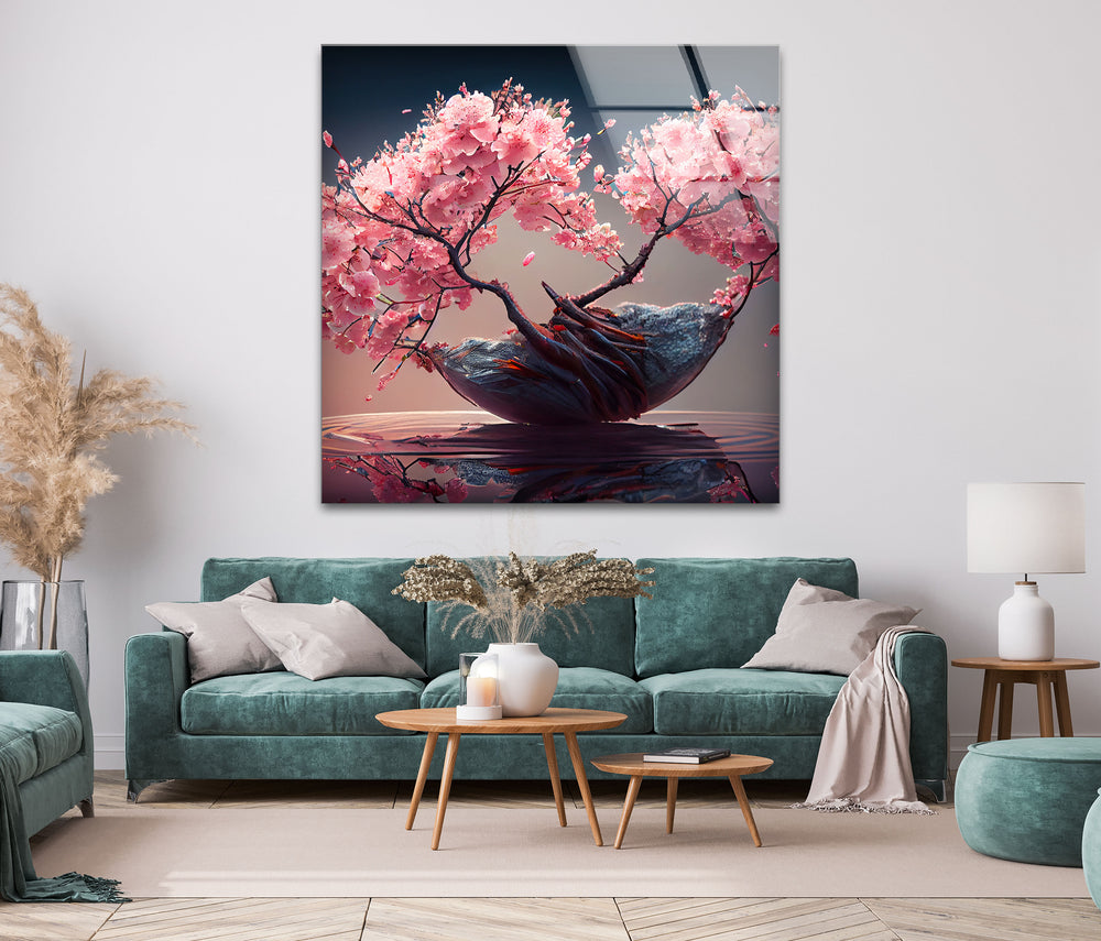 Japanese Abstract Pink Blossom Tree Glass Wall Art, glass wall decor, glass wall art decor