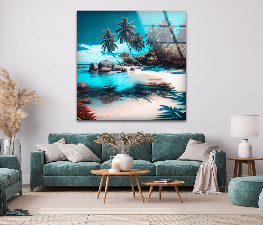 Tropical Beach Palm Trees Glass Wall Art glass image printing, glass prints from photos