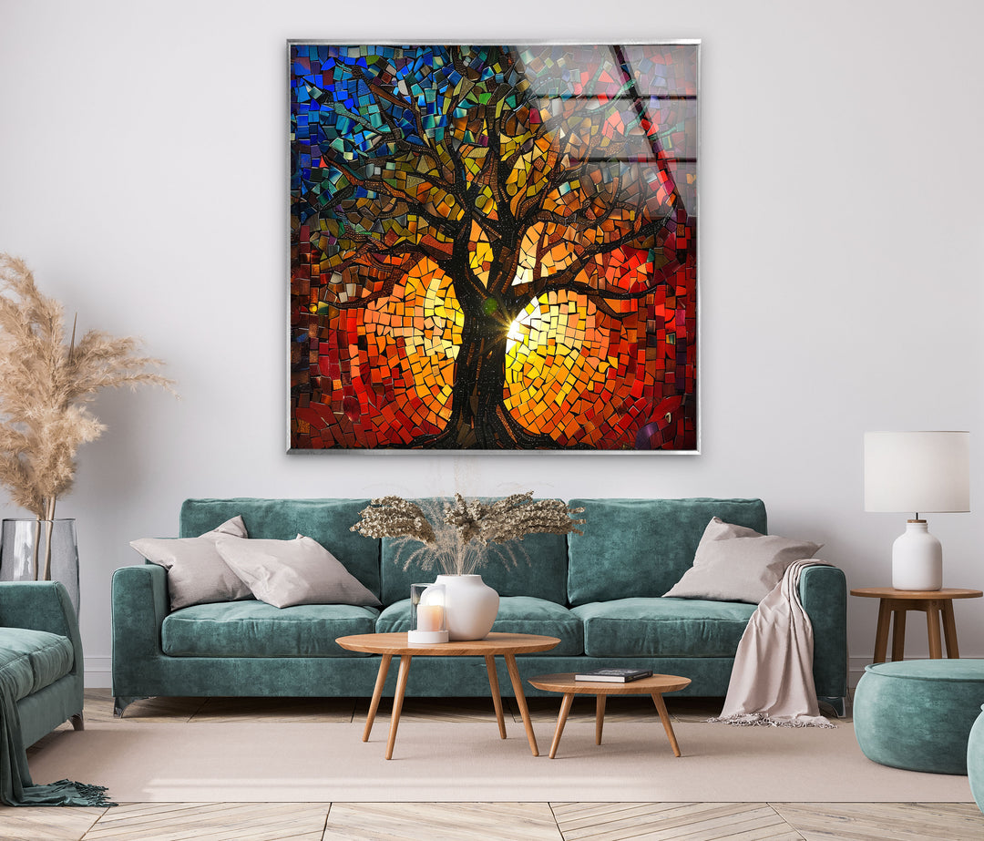 Life of Tree Red & Blue Glass Wall Art print picture on glass, Tempered Glass Wall Art