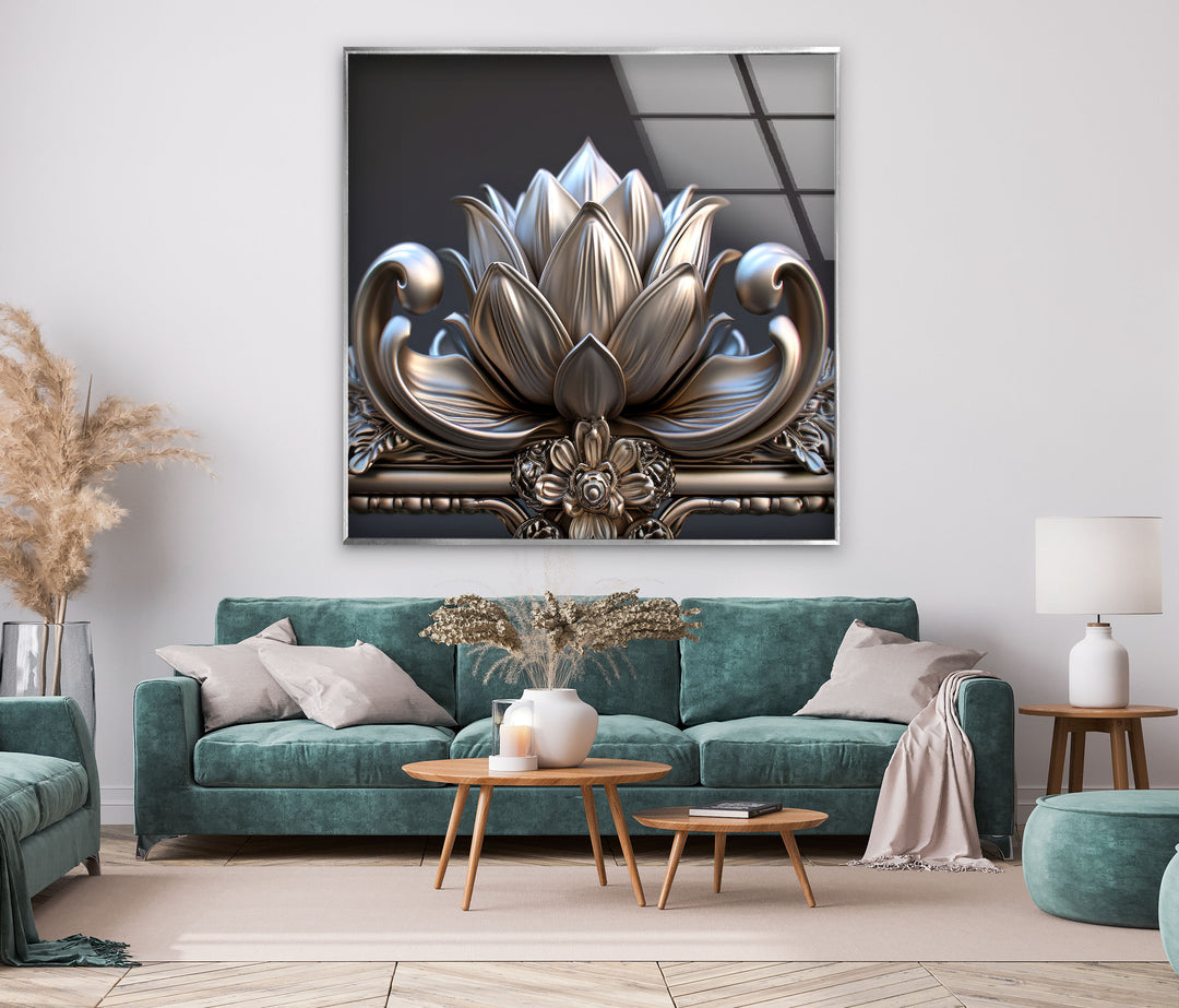 Silver Flower Glass Wall Art, large glass photo prints, glass wall photos