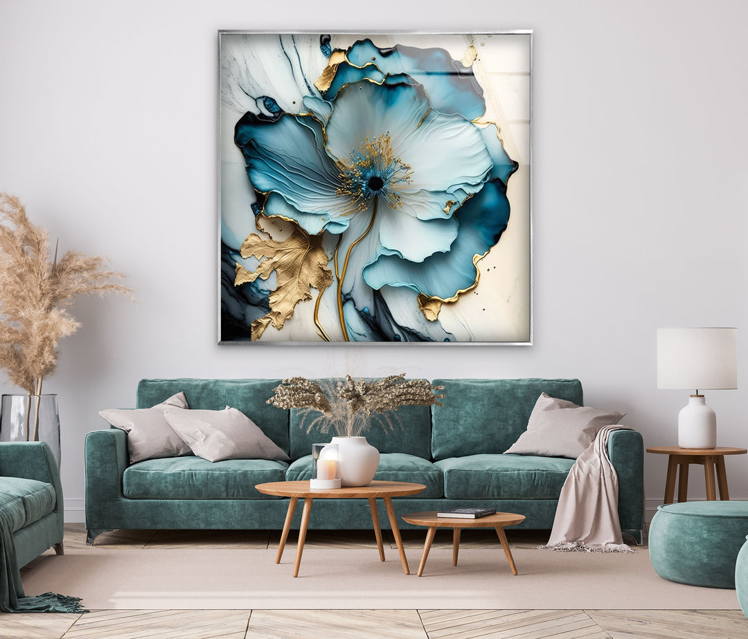 Abstract Blue Flower Glass Wall Art, glass art painting, glass art for the Wall